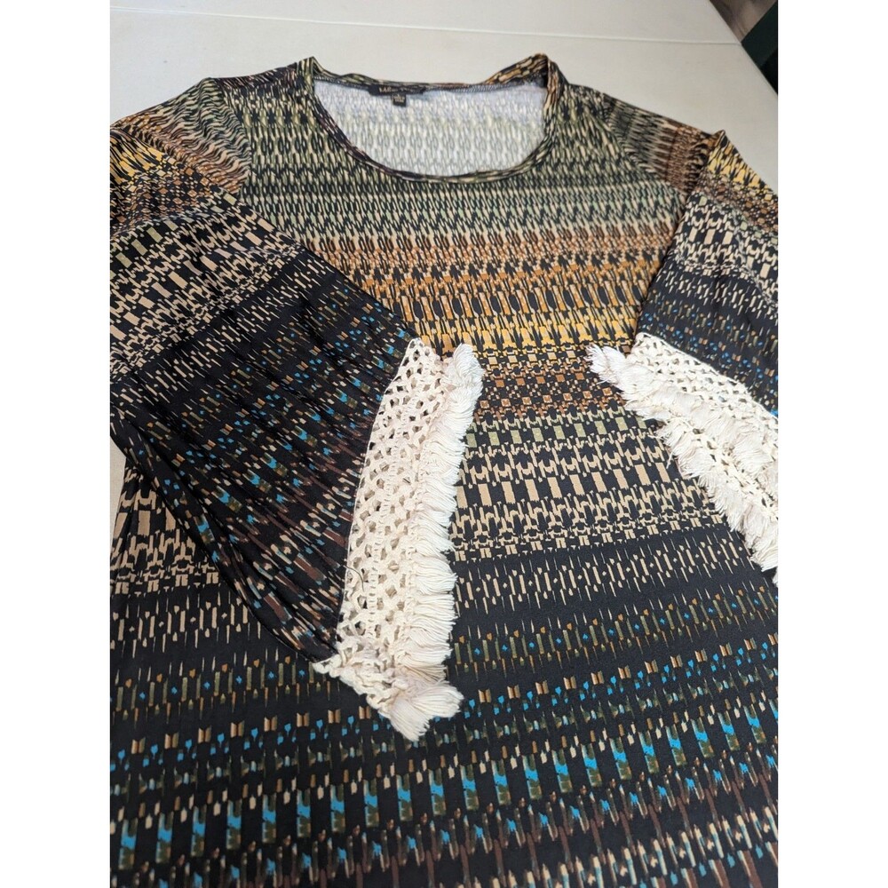 Melissa Paige Boho Geometric Print Top Large Crochet Fringe Bell Sleeve... - Picture 11 of 15